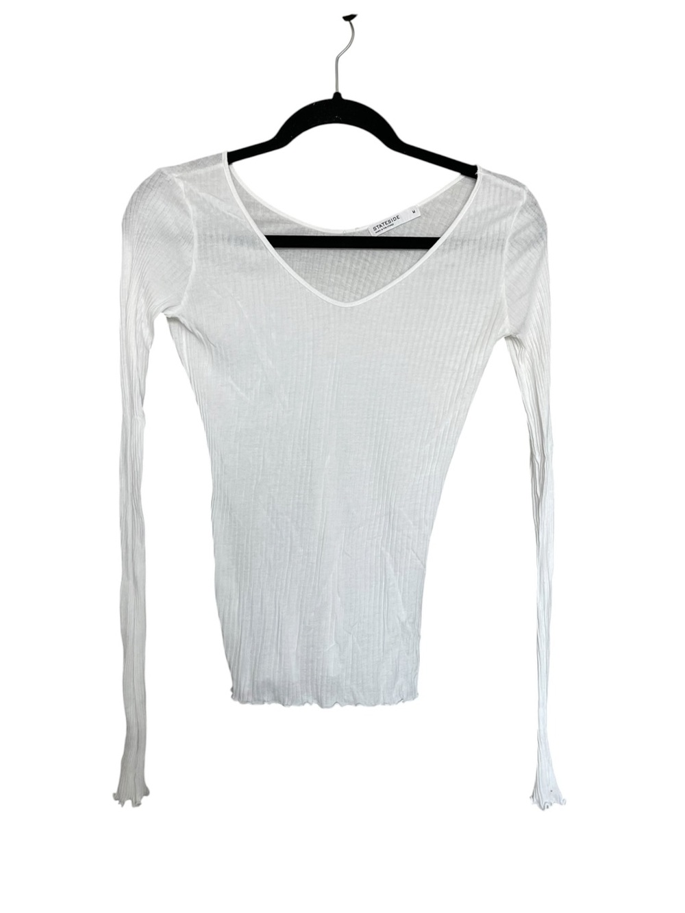 Stateside White Ribbed V-Neck Long Sleeve Top